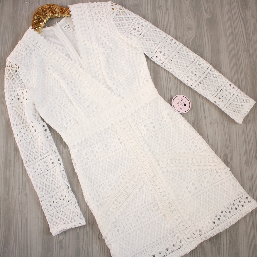 White Long Sleeve Guipure Lace Cocktail Dress - Picture 6 of 8